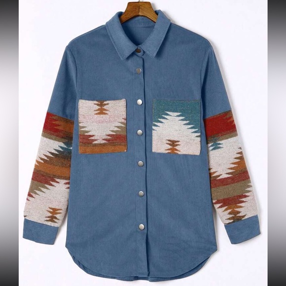 Cozy Boho Oversized Aztec Print Pocket Corduroy Jacket Shacket Button Down Shirt - Picture 4 of 7